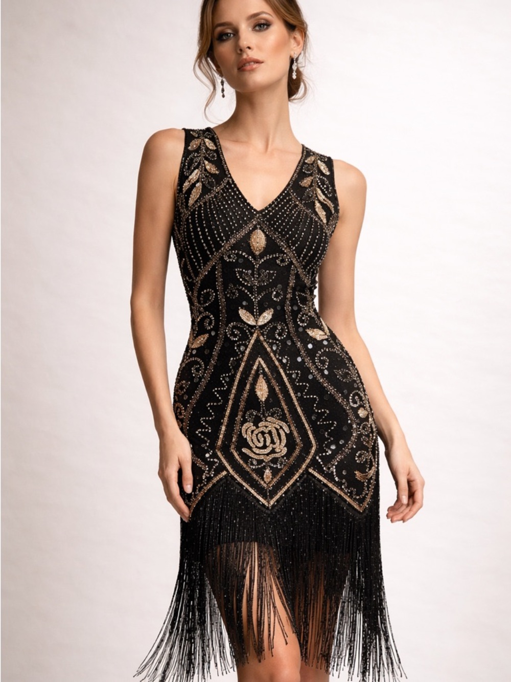 Metme Flapper Dress Beaded Sequin Fringe Black Sleeveless XS